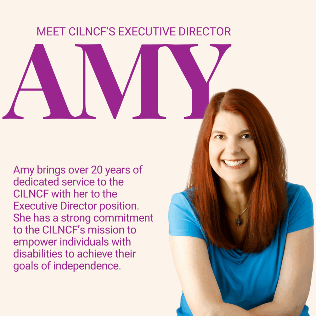 Amy pictured smiling, with long red hair wearing a blue top sits in front of text announcing her as CILNCF's Executive Director.