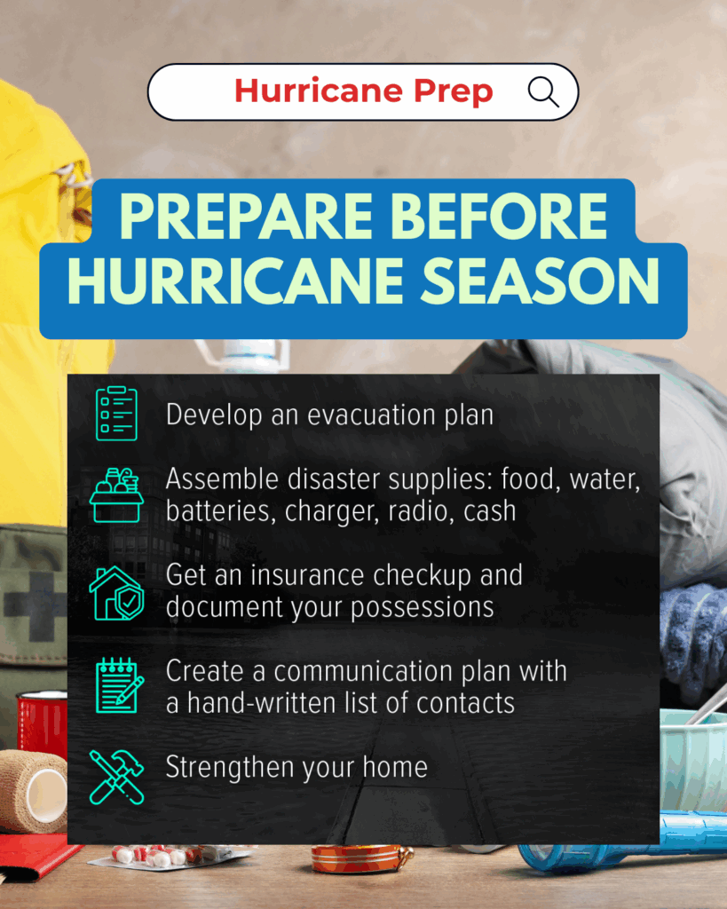 A graphic titled “Hurricane Prep” with a bold blue and green headline: “Prepare Before Hurricane Season.” The background features emergency preparedness supplies like a yellow raincoat, medical kit, flashlight, batteries, water bottles, and canned food. Below the headline, a black transparent overlay lists five preparation tips in white text with green icons:
1) Develop an evacuation plan
2) Assemble disaster supplies: food, water, batteries, charger, radio, cash
3) Get an insurance checkup and document your possessions
4) Create a communication plan with a hand-written list of contacts
5) Strengthen your home