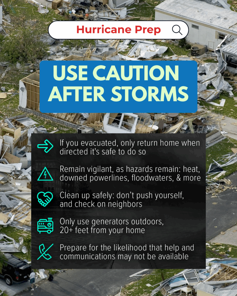 sign and red fire hydrant partially submerged in water. On the left, a dark transparent overlay lists six safety tips in white text with teal icons:
If you evacuated, only return home when directed it's safe to do so
Remain vigilant, as hazards remain: heat, downed powerlines, floodwaters, & more
Clean up safely: don’t push yourself, and check on neighbors
Only use generators outdoors, 20+ feet from your home
Prepare for the likelihood that help and communications may not be available
A NOAA logo and the URL “weather.gov/hurricane” appear in the top right corner.