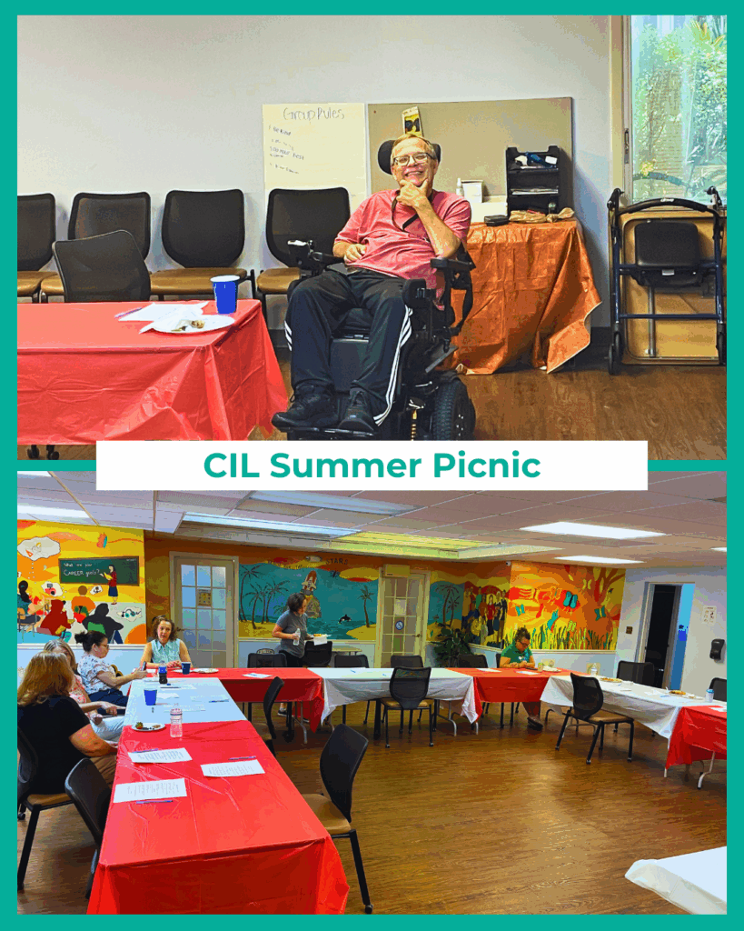 CIL staff and participants enjoy food and conversation at tables during the CIL Summer Picnic.
