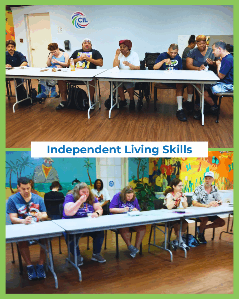 CIL’s Independent Living Skills group enjoys snacks and conversation during a hands-on session with Feeding Florida.