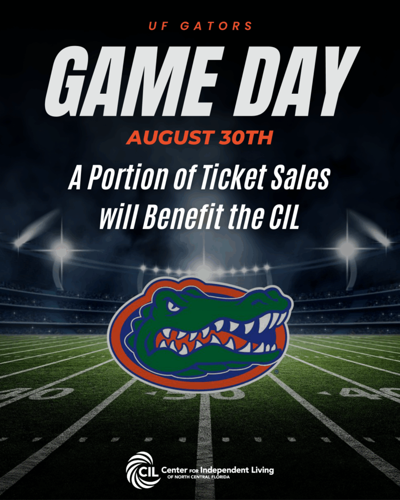 Dark football stadium background with bright lights, Gators logo, and CIL logo. UF Gators Game Day August 30th at The Swamp. Ticket sales benefit the Center for Independent Living of North Central Florida.