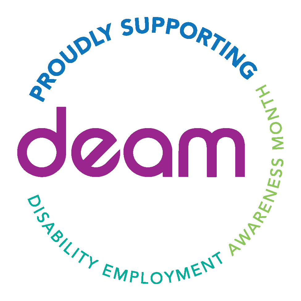 A circular logo with the text “Proudly Supporting” in blue curving along the top and “Disability Employment Awareness Month” in green curving along the bottom. In the center, the bold purple text reads “deam,” an acronym for Disability Employment Awareness Month. The design uses a clean white background with simple, modern typography.