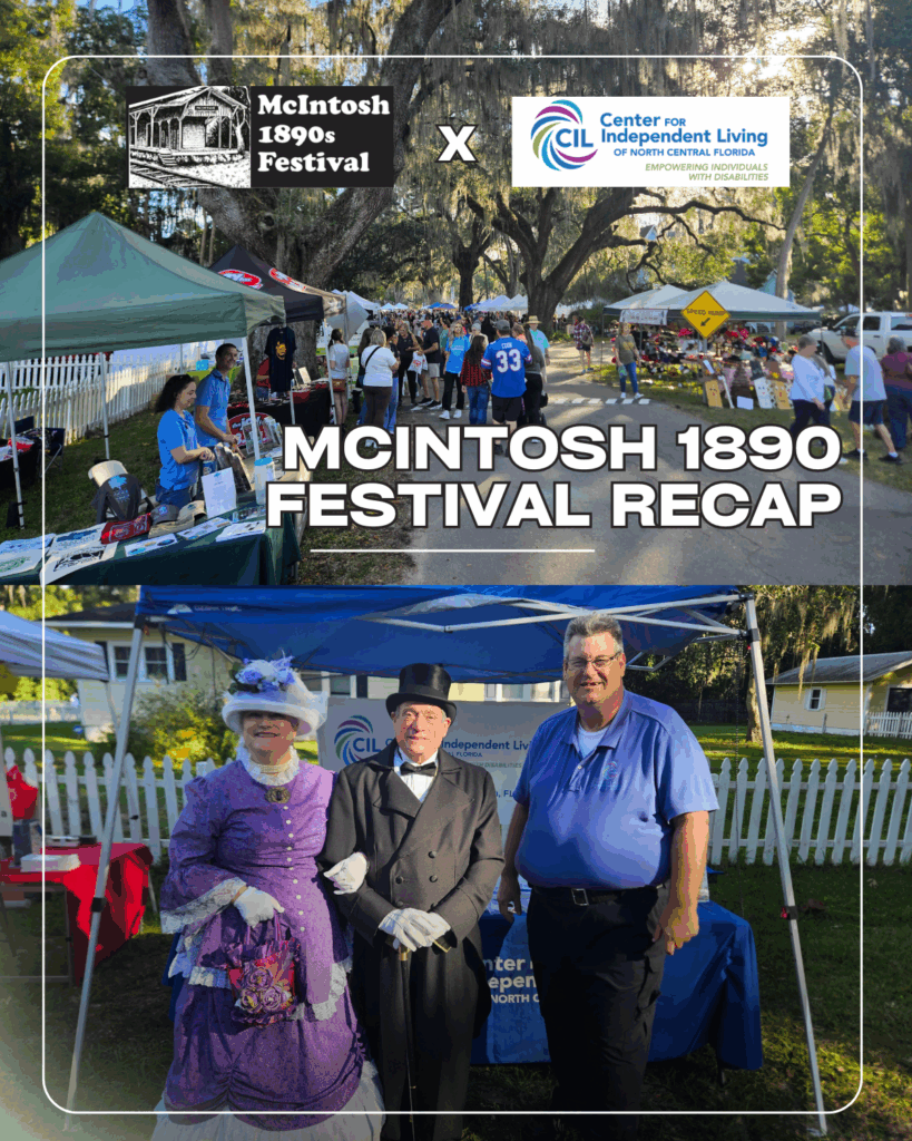A two-panel event graphic showing scenes from the McIntosh 1890s Festival. The top panel features a crowded outdoor festival walkway lined with vendor tents under large oak trees draped in Spanish moss; CIL staff are at a booth on the left engaging with visitors. At the top, the McIntosh 1890s Festival logo and the CILNCF logo appear with an “X” between them, and large text reads “McIntosh 1890 Festival Recap.” The bottom panel shows CIL team member Kevin Towles standing beside two festival participants dressed in 1890s-style Victorian clothing—one in a purple dress and hat, the other in a black suit and top hat—posing in front of the CIL tent.