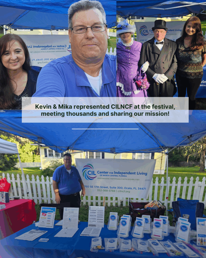 A collage-style graphic from the McIntosh 1890s Festival featuring CILNCF staff and their outreach booth. The top section shows a selfie of Kevin Towles standing under a blue tent with Mika Vuto beside him, and a second photo of Kevin and Mika posing with two festival participants dressed in Victorian-era costumes—a woman in a purple dress with a matching hat and a man in a black suit and top hat. A text banner across the center reads, “Kevin & Mika represented CILNCF at the festival, meeting thousands and sharing our mission!” The bottom section shows Kevin standing behind the CIL outreach table, which is covered with brochures, flyers, and giveaway items, with a large CIL banner displayed behind him in front of a white picket fence.