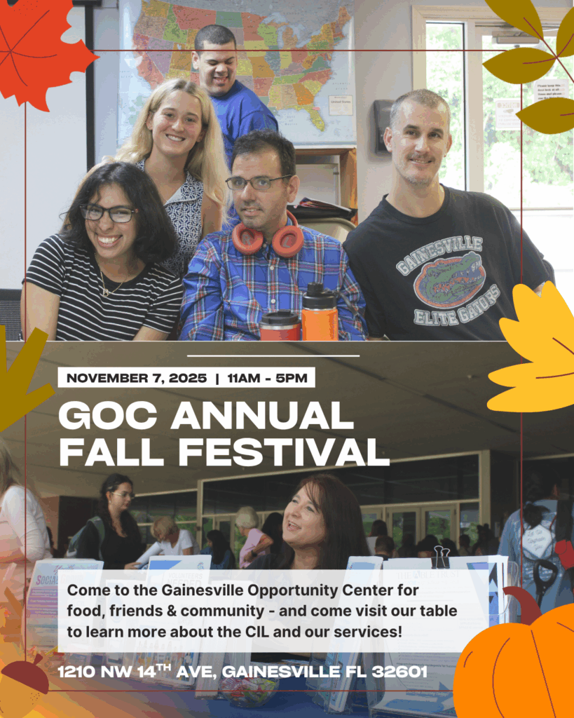A bright and cheerful event flyer featuring two photos of smiling community members. The top image shows five people gathered indoors—three seated and two standing behind them—smiling warmly at the camera with a colorful U.S. map in the background. The bottom image shows a woman at an information table engaging with visitors during a community event. Surrounding the photos are orange and yellow fall leaves.