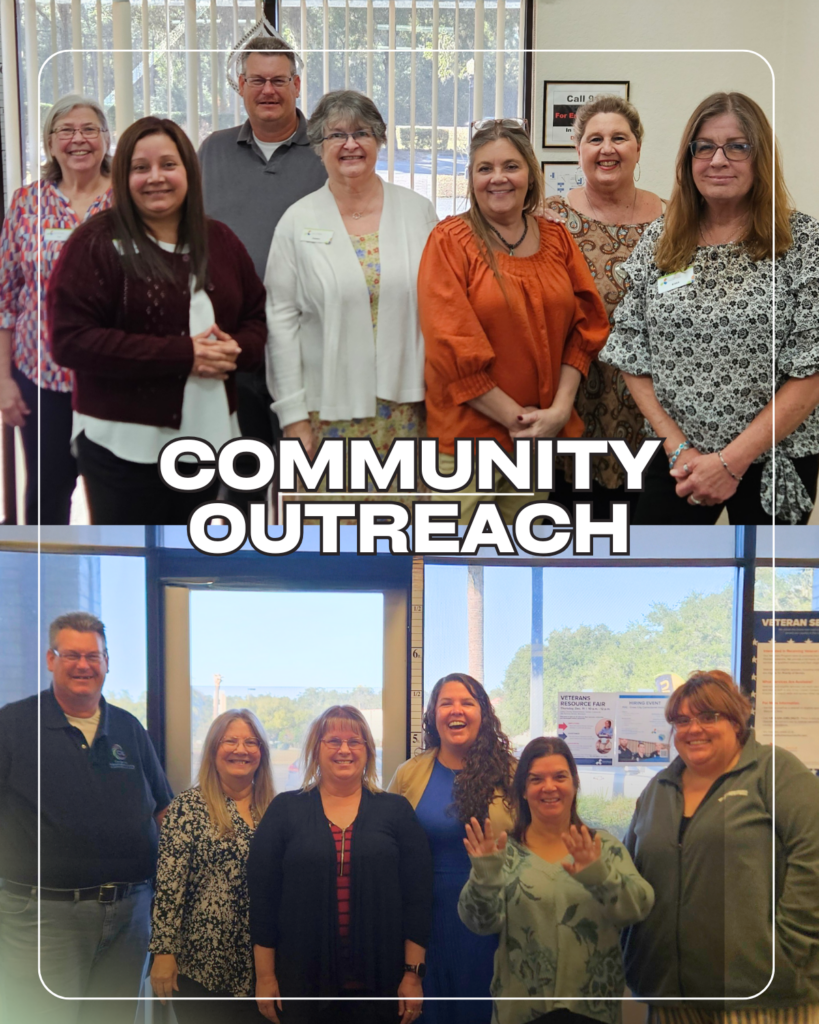 Two group photos of smiling community members and staff indoors during outreach events, standing together in an office setting with a “Community Outreach” graphic overlay.