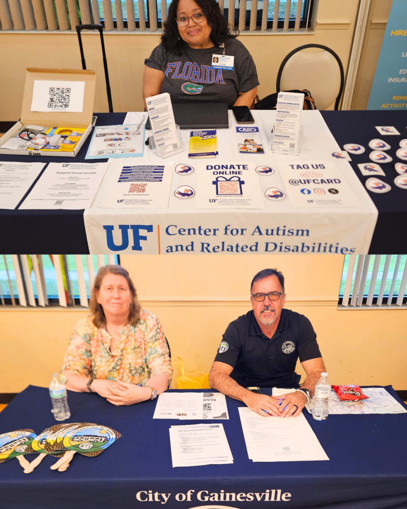 Two vendor tables at a community expo. In the top image, a representative from the UF Center for Autism and Related Disabilities sits behind a table with informational flyers, QR codes, and resources. In the bottom image, two representatives from the City of Gainesville sit behind a table with pamphlets, water bottles, and giveaway items, ready to share information with attendees.