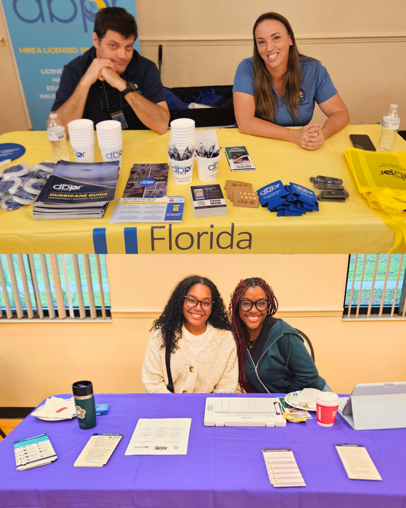 Two vendor tables at a community expo. In the top image, representatives from the Florida Department of Business and Professional Regulation sit behind a table with hurricane preparedness guides, informational materials, and giveaway items. In the bottom image, two smiling representatives sit behind a table with brochures, sign-in materials, and resources, welcoming attendees and sharing information.