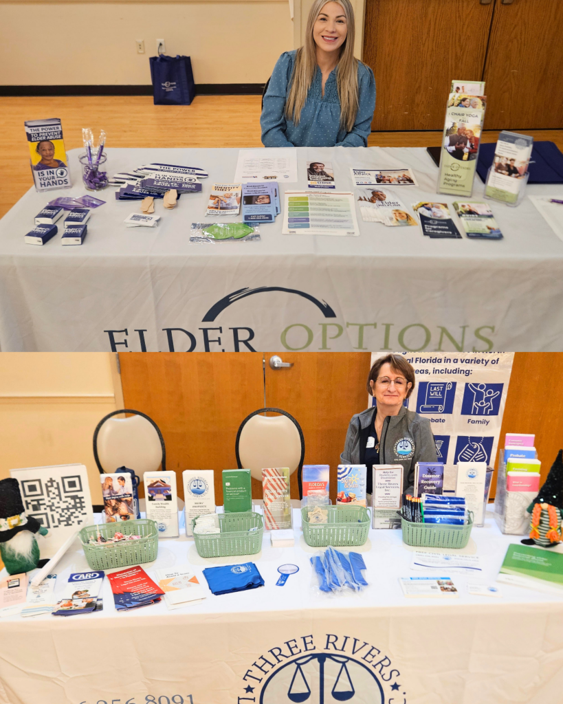 Two vendor tables at a community expo. In the top image, a representative from Elder Options sits behind a table with brochures, educational materials, and giveaway items focused on elder care and abuse prevention. In the bottom image, a representative from Three Rivers Legal Services sits behind a table filled with legal resource guides, pamphlets, and informational materials, offering support and guidance to attendees.