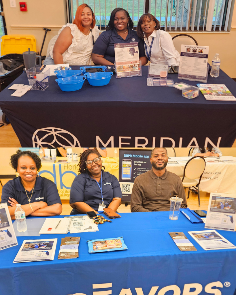 Two vendor tables at a community expo. In the top image, three representatives from Meridian Healthcare sit behind a table with informational displays, brochures, and giveaway items, smiling and engaging with attendees. In the bottom image, representatives from the Florida Department of Business and Professional Regulation sit behind a table with printed resources and materials, ready to provide information and support to the community.