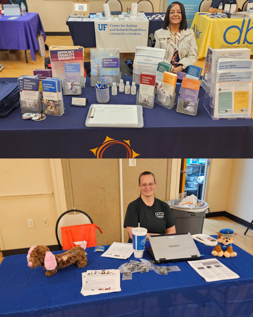 Two vendor tables at a community expo. In the top image, a representative from Disability Rights Florida sits behind a table filled with brochures and resources on disability rights, advocacy, and accessibility. In the bottom image, a representative sits at a table with informational materials, a laptop, and small items, including plush toys, creating a welcoming space to engage with attendees and share resources.