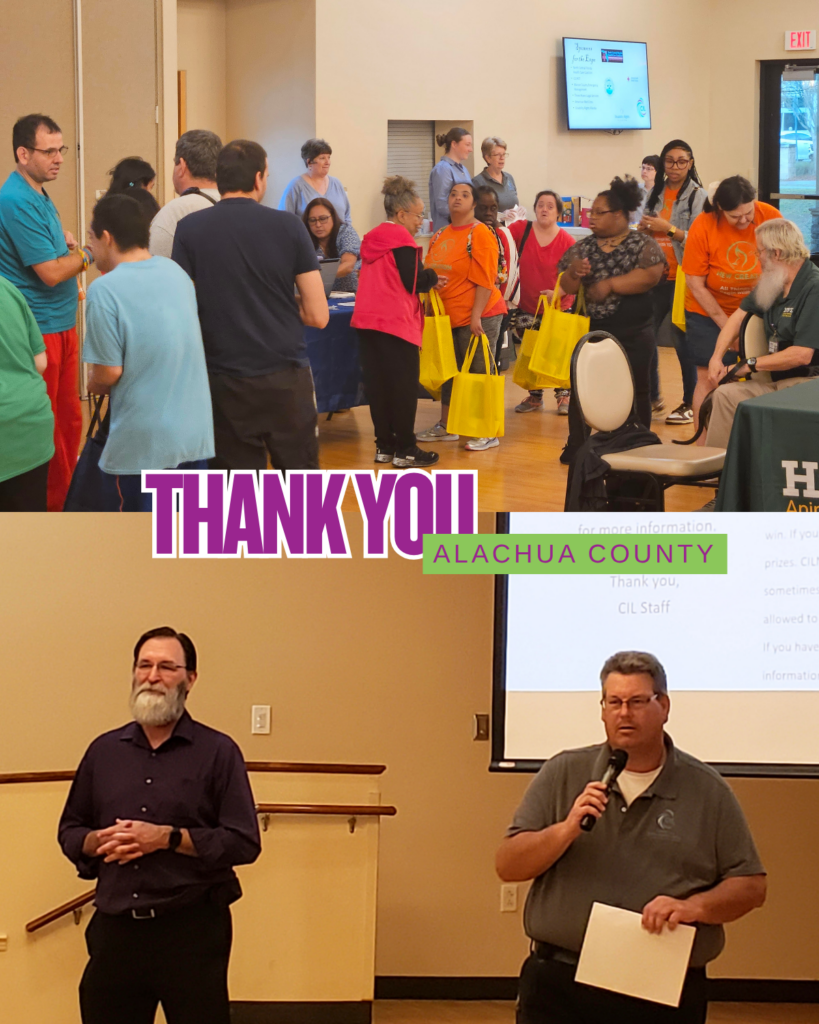 Community members gather at an accessible expo, receiving resources and listening to speakers on emergency preparedness in Alachua County.