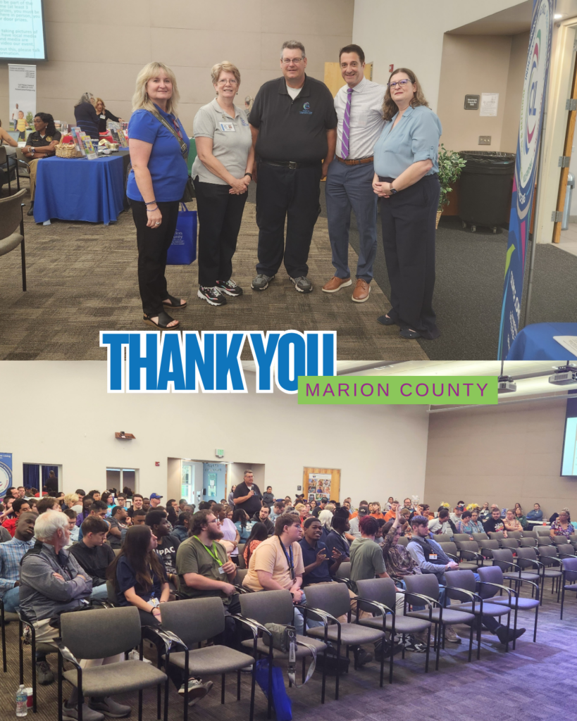 CIL Staff stand together smiling at the Marion County Emergency Preparedness Expo, surrounded by informational tables and displays. Below, a large audience sits in rows of chairs during a presentation, with one person standing to speak. Overlay text reads “Thank You Marion County.”