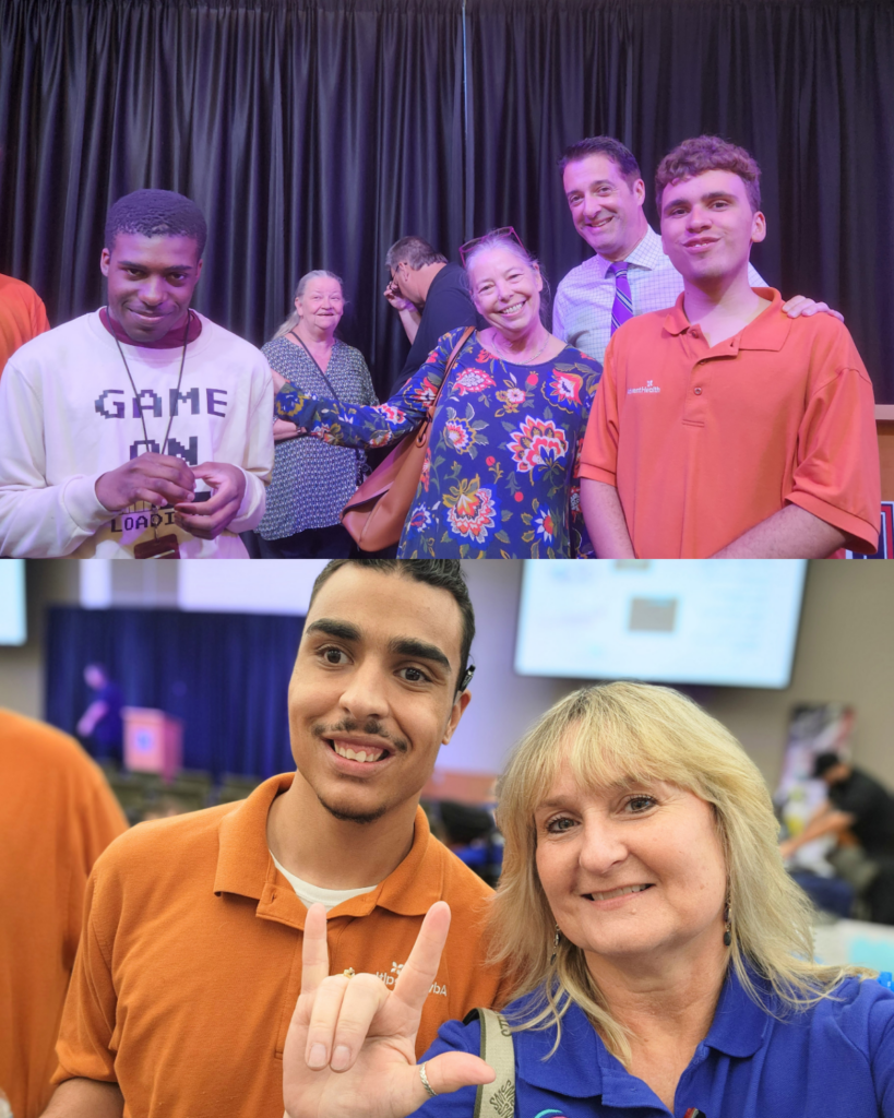 A collage of photos from a community event. In the top image, a group of attendees stands together smiling in front of a stage with a black curtain, creating a welcoming and upbeat atmosphere. In the bottom image, two individuals take a selfie inside the event space, smiling at the camera while other attendees and displays are visible in the background.