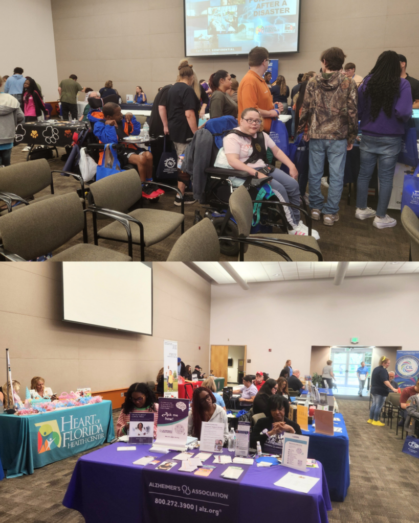 A collage of photos from a busy indoor community expo. In the top image, attendees gather around informational tables, with several individuals using wheelchairs and engaging with vendors in a large event space. In the bottom image, organizations host resource tables with brochures and materials, including health and Alzheimer’s support services, while attendees connect and learn more about available resources.