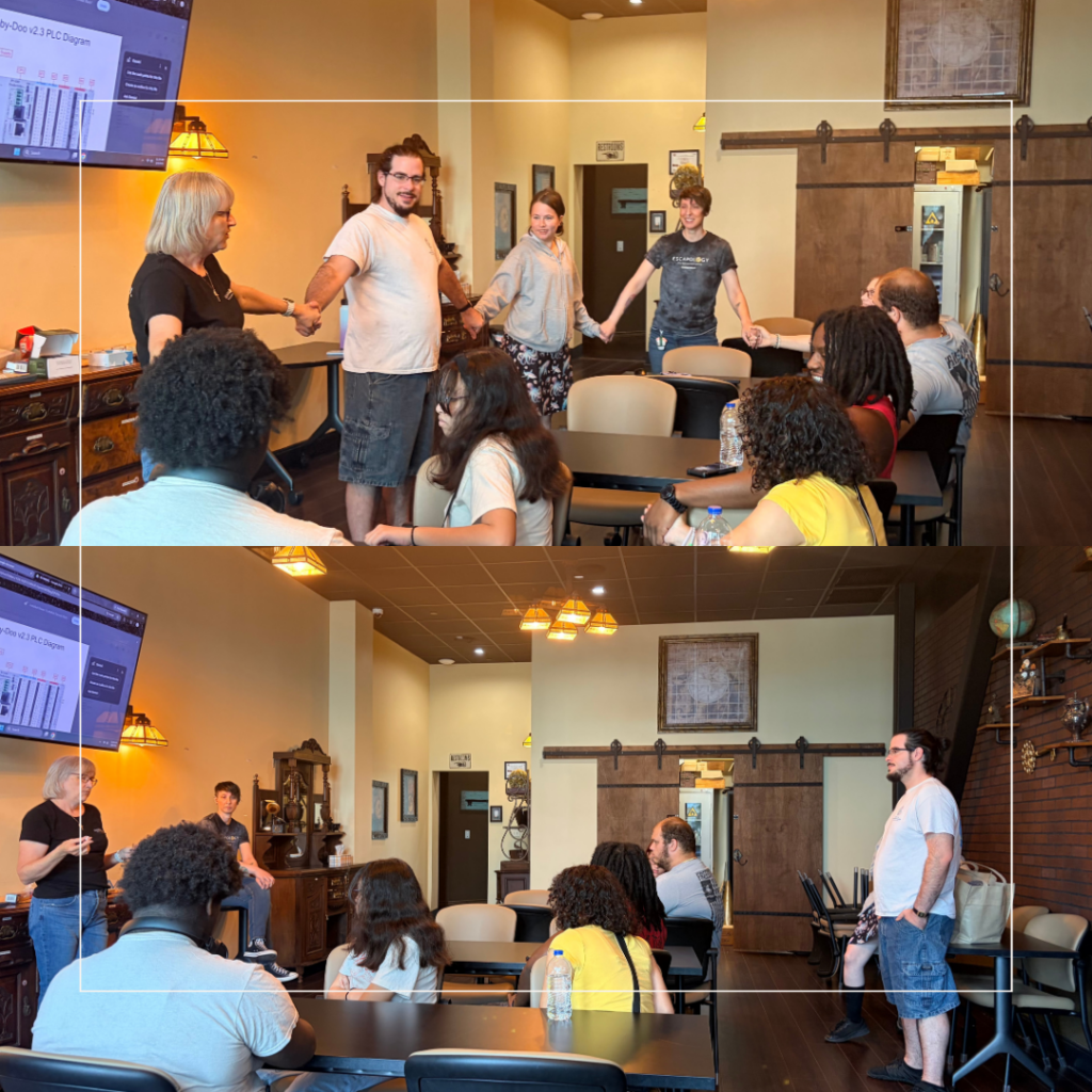 Two photos from a High School High Tech (HSHT) Career Exploration Job Site Experience at Escapology Gainesville are displayed in a collage. In the top image, students participate in a team-building activity, standing in a circle and holding hands while following instructions from facilitators. In the bottom image, students are seated and engaged in a group discussion as staff members lead a presentation on workplace skills and problem-solving. The experience provided opportunities for students to strengthen communication, teamwork, critical thinking, and collaboration skills in a professional setting while exploring career pathways and workplace expectations.