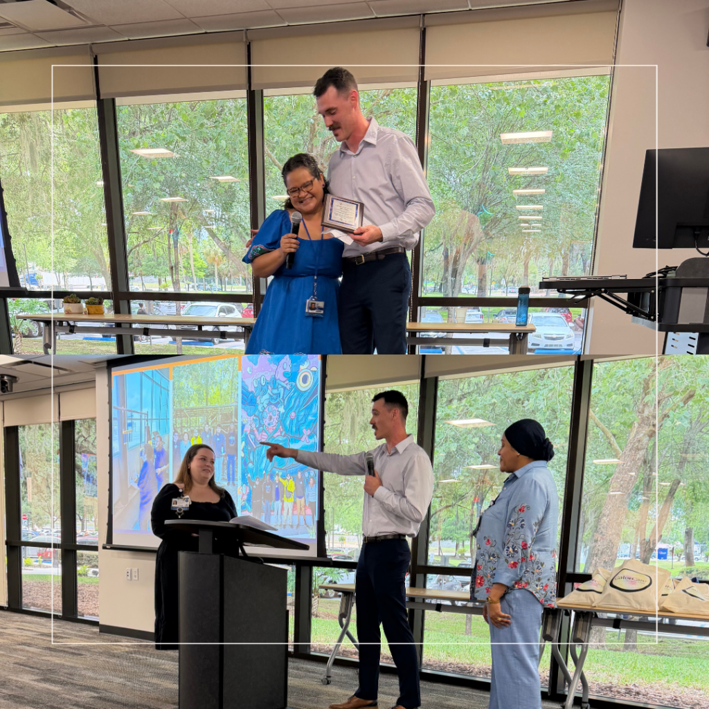 ID: A two-photo collage from a Project SEARCH graduation celebration at UF Health Shands Hospital. In the top photo, a graduate wearing a blue dress smiles while standing beside a program leader who presents them with a recognition plaque during the ceremony. In the bottom photo, the same program leader speaks at a podium while recognizing the contributions of Project SEARCH staff and mentors. Another staff member stands nearby as attendees celebrate the graduates' accomplishments. Large windows in the background overlook a tree-lined campus, creating a bright and welcoming setting for the event.
