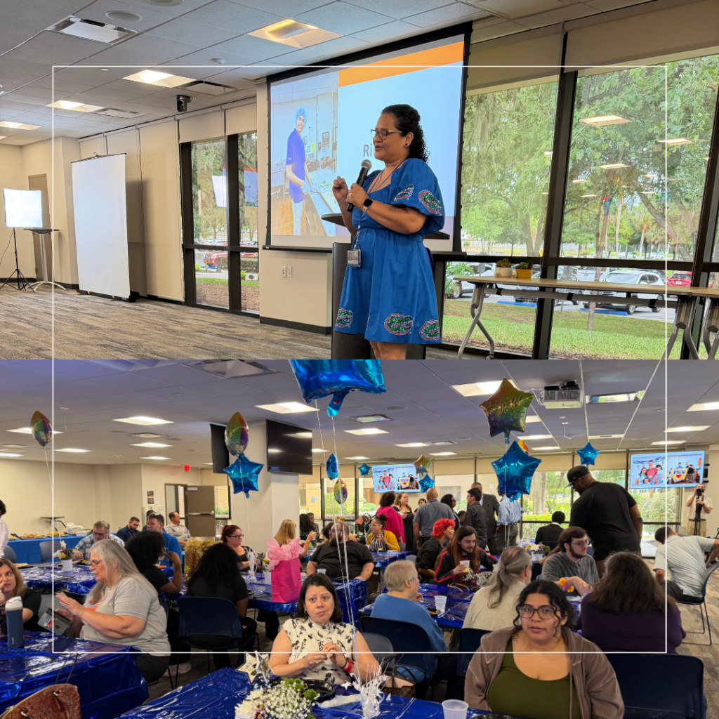 ID: A two-photo collage from a Project SEARCH graduation celebration at UF Health Shands Hospital. In the top photo, a Project SEARCH graduate stands at a podium, speaking into a microphone while sharing reflections during the ceremony. A presentation slide is displayed behind them, and large windows overlook the surrounding campus. In the bottom photo, graduates, families, mentors, coworkers, and supporters gather around decorated tables for the celebration. Blue star-shaped balloons and graduation-themed decorations fill the room as attendees enjoy the event and celebrate the graduates' successful completion of the program and transition into employment.