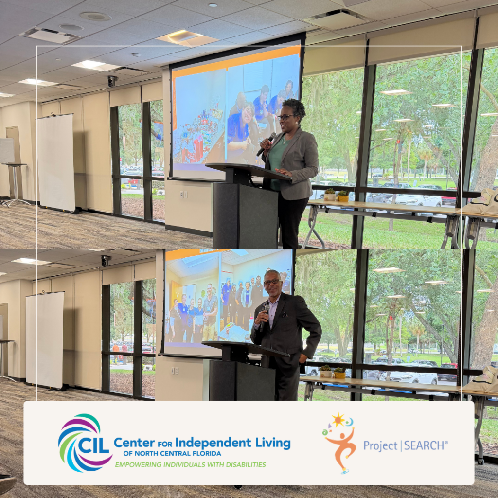A two-photo collage from a Project SEARCH graduation ceremony at UF Health Shands Hospital. In the top photo, a guest speaker stands at a podium, speaking into a microphone while a presentation highlighting the Project SEARCH program is displayed on a screen behind them. In the bottom photo, another speaker addresses graduates, families, mentors, and supporters during the celebration. Large windows overlooking a tree-lined campus provide a bright backdrop for the event. At the bottom of the graphic are the logos for the Center for Independent Living of North Central Florida and Project SEARCH, recognizing their partnership in supporting inclusive employment opportunities for individuals with disabilities.