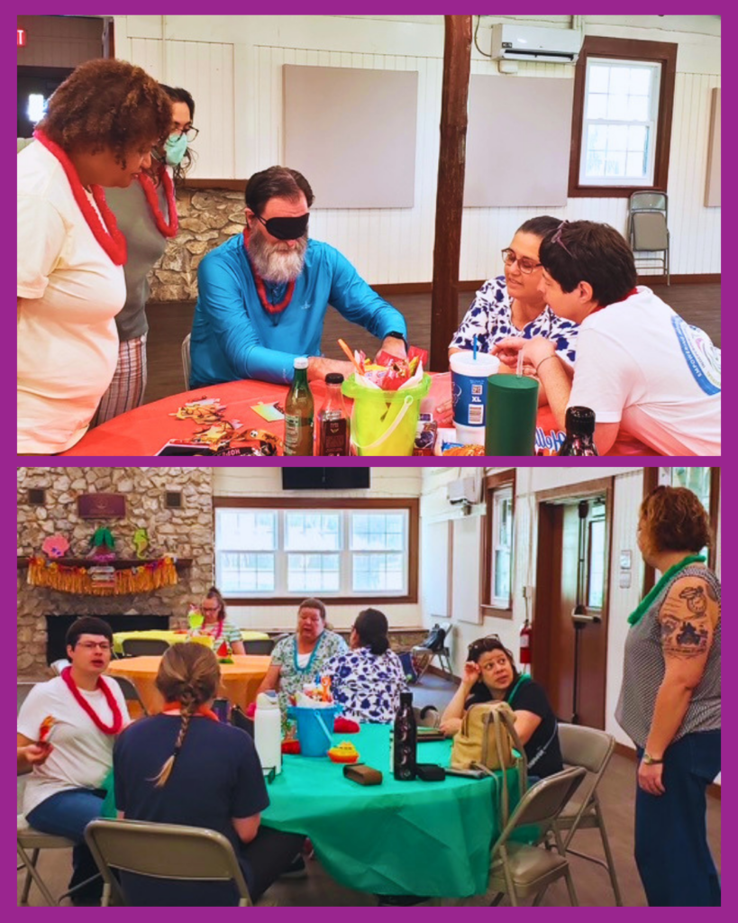 ID: A two-photo collage from the CIL Staff Retreat shows staff members gathered around colorful tables during team-building activities. In the top photo, several staff members work together around an orange-covered table while one participant wears a blindfold. In the bottom photo, staff members wearing colorful leis sit and talk around a green-covered table inside the retreat center. The collage is framed by a purple border.